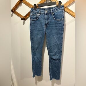 MAJE ANKLE HIGH RISE SEQUINRD DISTRESSED BOTTOM JEANS